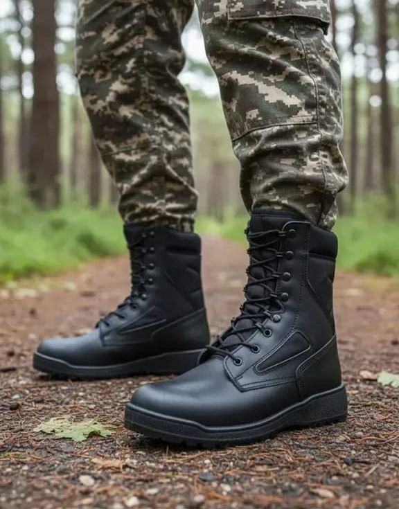 Bota táctica alta negra en uso sobre sendero