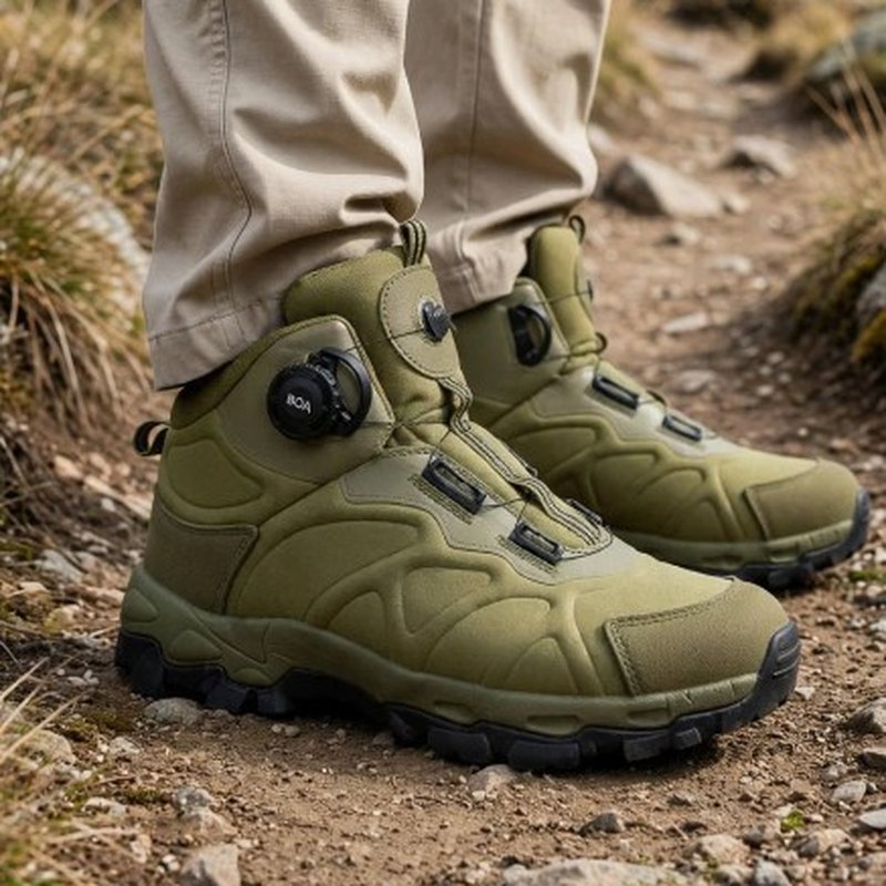 Zapatillas ESDY verde oliva en sendero de montaña